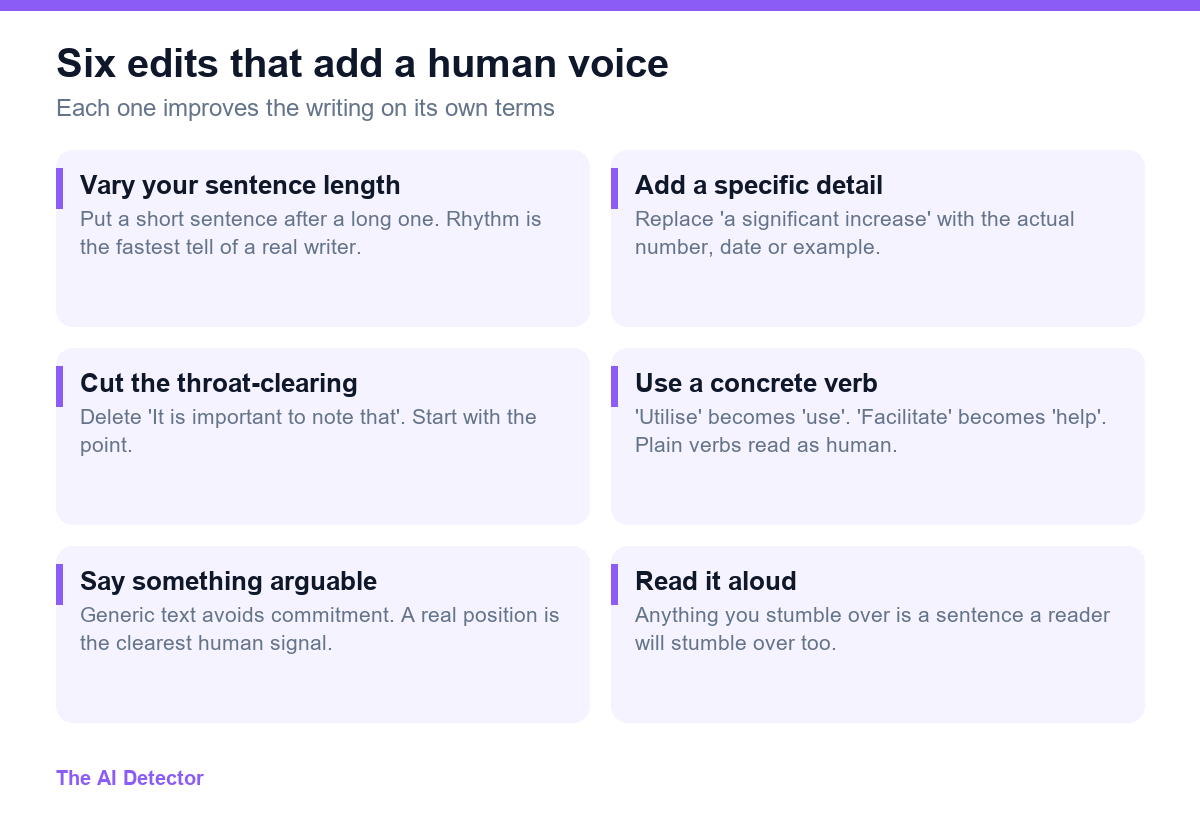 Six cards listing edits that add a human voice: vary sentence length, add a specific detail, cut throat-clearing, use concrete verbs, say something arguable, and read it aloud.